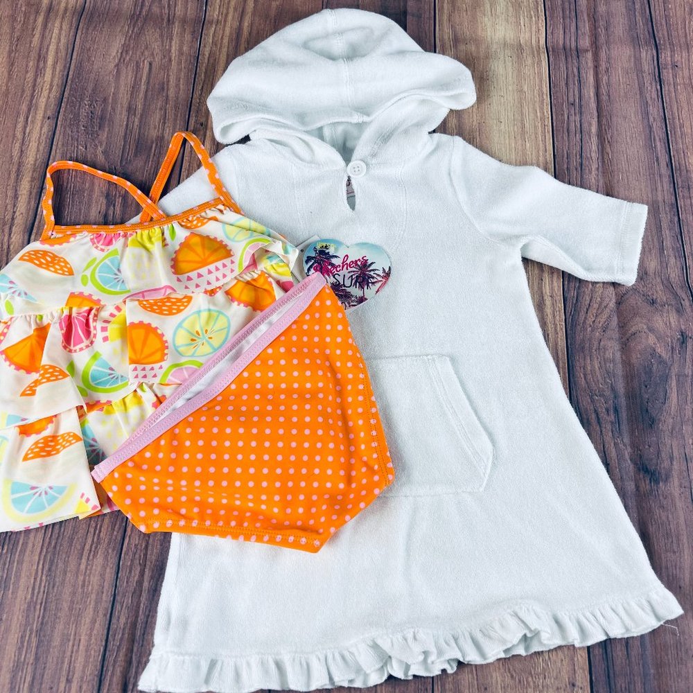 NWT Skechers citrus ruffle tankini +terry cover up